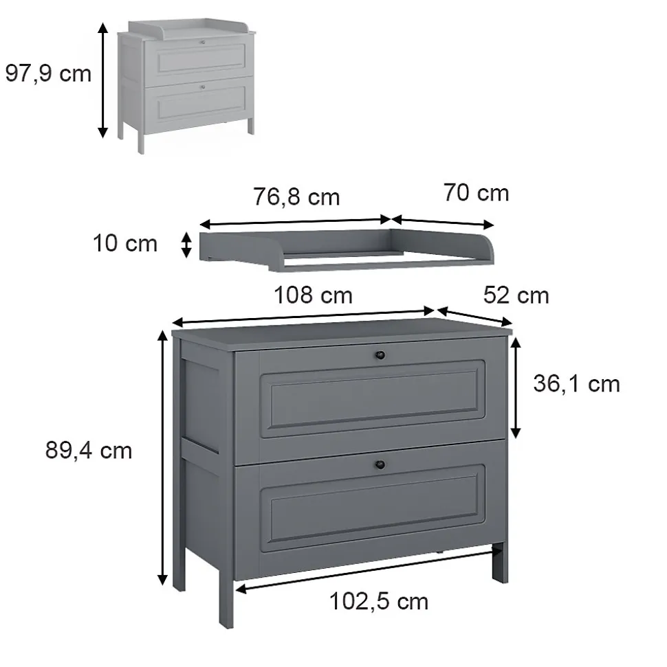 Vitalispa Commode à langer Gris 108x98cm avec 2 tiroirs