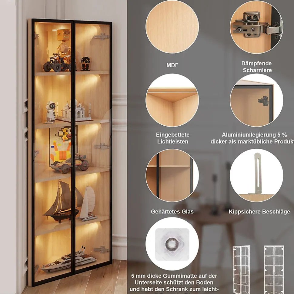 Vitrine - 1 Porte, LED, Verre Trempé, Charnières Silencieuses - MDF - 62 x 35 x 160 cm - Blanc