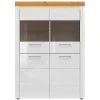 Vitrine à 4 portes avec éclairage LED coloris Chêne doré/Blanc haute brillance - Longueur 119 x Profondeur 42 x Hauteur 166 cm
