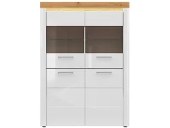 Vitrine à 4 portes avec éclairage LED coloris Chêne doré/Blanc haute brillance - Longueur 119 x Profondeur 42 x Hauteur 166 cm