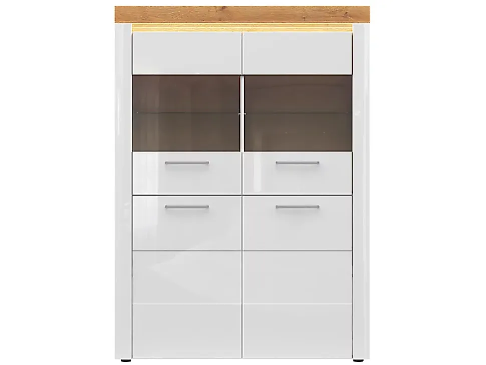 Vitrine à 4 portes avec éclairage LED coloris Chêne doré/Blanc haute brillance - Longueur 119 x Profondeur 42 x Hauteur 166 cm