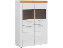Vitrine à 4 portes avec éclairage LED coloris Chêne doré/Blanc haute brillance - Longueur 119 x Profondeur 42 x Hauteur 166 cm