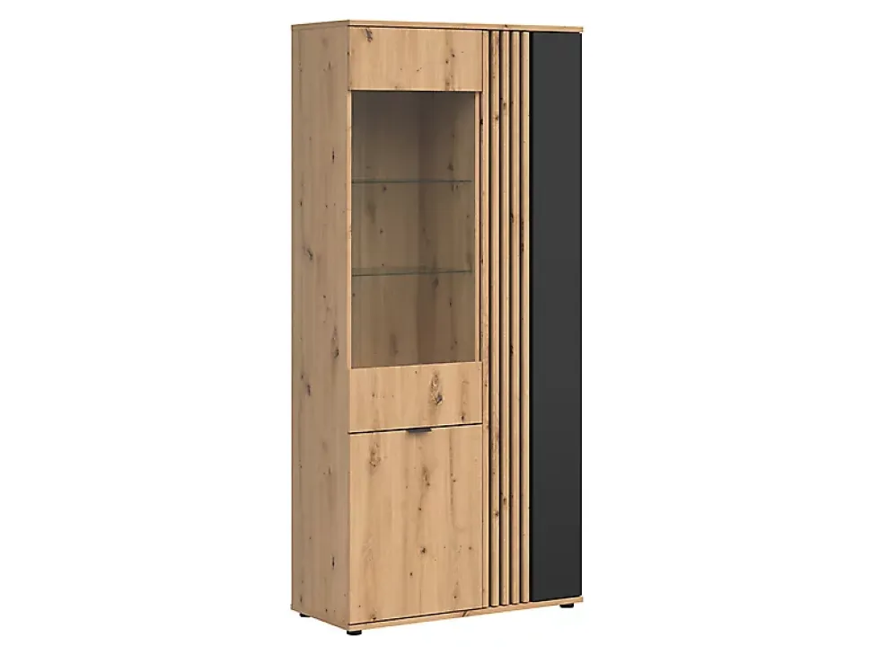 Vitrine à 3 portes avec décor lamelles,coloris Chêne artisan/Noir - Longueur 90,5 x Profondeur 40 x Hauteur 195,5 cm