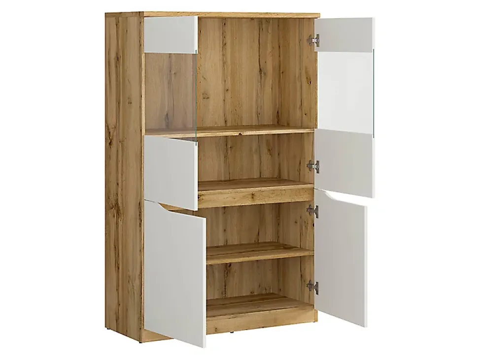 Vitrine à 4 portes avec verre trempé, coloris chêne Wotan/blanc brillant - Longueur 90 x Profondeur 39,5 x Hauteur 142,5 cm