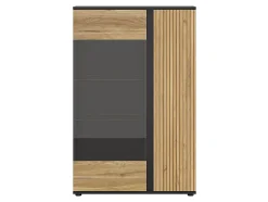 Vitrine à 2 portes et décor lamelles ,coloris Chêne/Noir - Longueur 95 x Profondeur 39,5 x Hauteur 146 cm