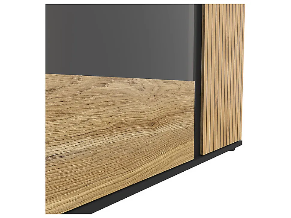 Vitrine à 2 portes et décor lamelles ,coloris Chêne/Noir - Longueur 95 x Profondeur 39,5 x Hauteur 146 cm