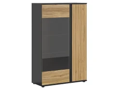 Vitrine à 2 portes et décor lamelles ,coloris Chêne/Noir - Longueur 95 x Profondeur 39,5 x Hauteur 146 cm