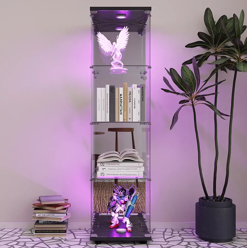 Vitrine à 4 étagères en verre trempé avec finition miroir et LED, Exposition élégante pour salon, chambre ou bureau, Noir