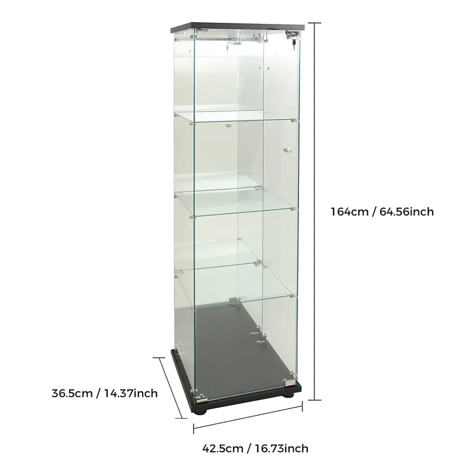 Vitrine à 4 étagères en verre trempé avec finition miroir et LED, Exposition élégante pour salon, chambre ou bureau, Noir