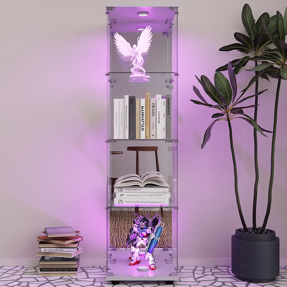 Vitrine à 4 étagères en verre trempé avec finition miroir et LED, Idéale salon, chambre, bureau, exposition et rangemen, Blanc