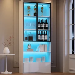 Vitrine - Armoire de Rangement avec Porte en Verre et Éclairage LED Intégré - avec Tiroir - en MDF et Verre - Blanc
