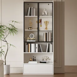 Vitrine - Armoire de Rangement avec Porte en Verre et Éclairage LED Intégré - avec Tiroir - en MDF et Verre - Blanc