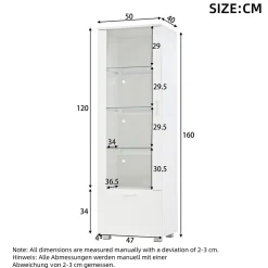 Vitrine - Armoire de Rangement Brillante avec LED Intégrée, Portes Acrylique, 3 Étagères en Verre Trempé, Blanc, 50x40x160 cm