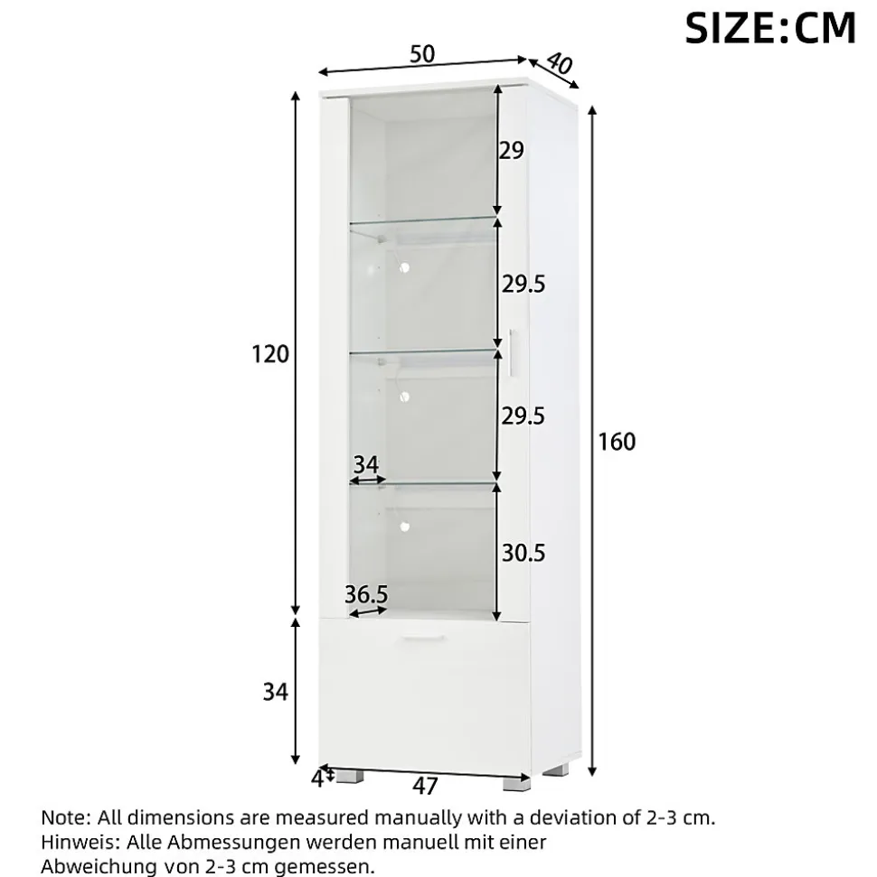 Vitrine - Armoire de Rangement Brillante avec LED Intégrée, Portes Acrylique, 3 Étagères en Verre Trempé, Blanc, 50x40x160 cm