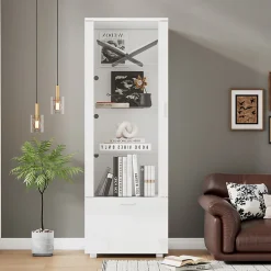 Vitrine - Armoire de Rangement Brillante avec LED Intégrée, Portes Acrylique, 3 Étagères en Verre Trempé, Blanc, 50x40x160 cm