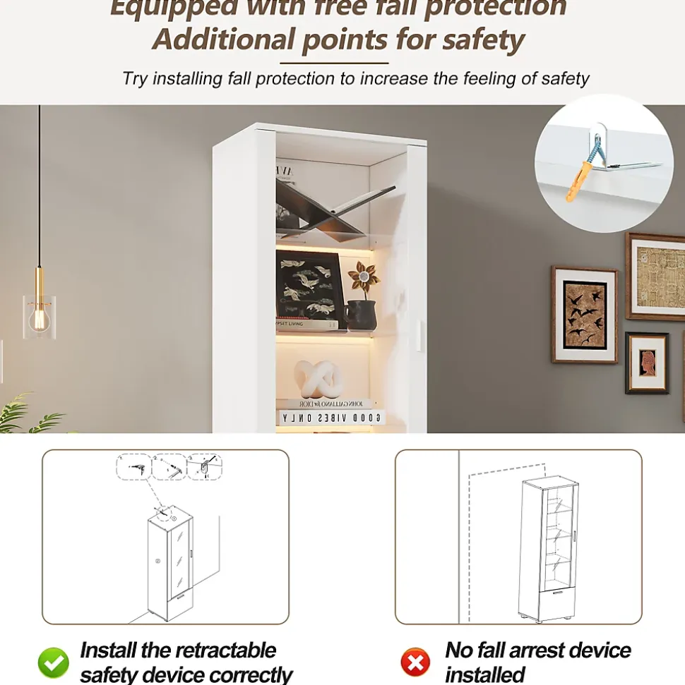 Vitrine - Armoire de Rangement Brillante avec LED Intégrée, Portes Acrylique, 3 Étagères en Verre Trempé, Blanc, 50x40x160 cm