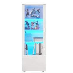Vitrine - Armoire de Rangement Brillante avec LED Intégrée, Portes Acrylique, 3 Étagères en Verre Trempé, Blanc, 50x40x160 cm