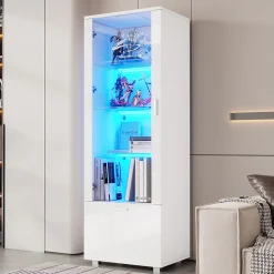 Vitrine - Armoire de Rangement Brillante avec LED Intégrée, Portes Acrylique, 3 Étagères en Verre Trempé, Blanc, 50x40x160 cm