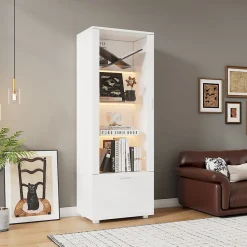 Vitrine - Armoire de Rangement Brillante avec LED Intégrée, Portes Acrylique, 3 Étagères en Verre Trempé, Blanc, 50x40x160 cm
