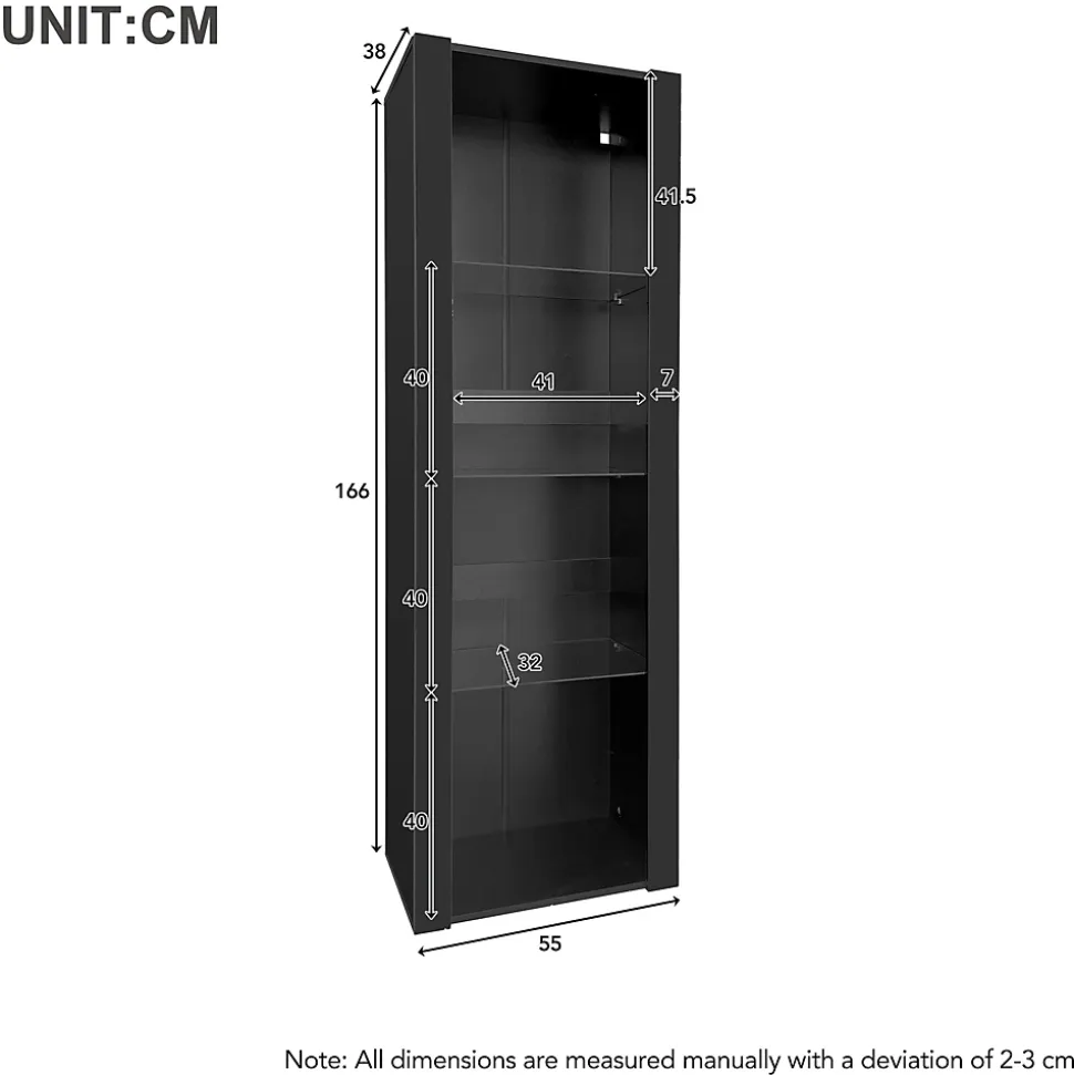 Vitrine - Armoire Vitrine Haute avec 3 Étagères en Verre et LED, Design Moderne, Panneaux de Particules, 55x38x166 cm - Noir