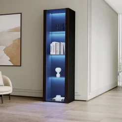 Vitrine - Armoire Vitrine Haute avec 3 Étagères en Verre et LED, Design Moderne, Panneaux de Particules, 55x38x166 cm - Noir
