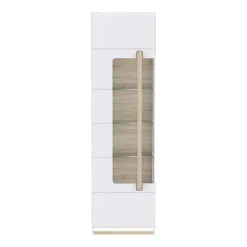 Vitrine 209 cm 1 porte blanc laqué décor bois clair et LED - ALEXIANE