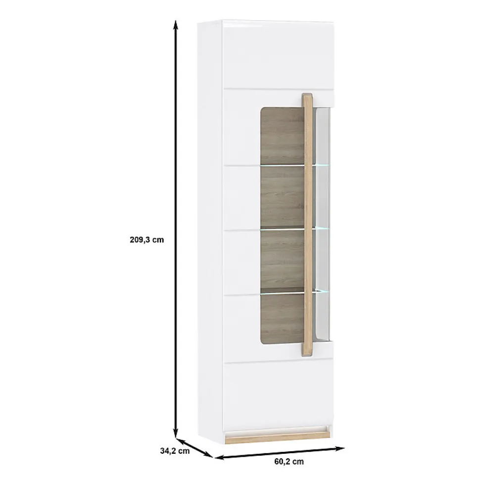 Vitrine 209 cm 1 porte blanc laqué décor bois clair et LED - ALEXIANE