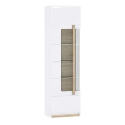 Vitrine 209 cm 1 porte blanc laqué décor bois clair et LED - ALEXIANE