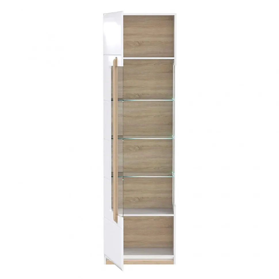 Vitrine 209 cm 1 porte blanc laqué décor bois clair et LED - ALEXIANE