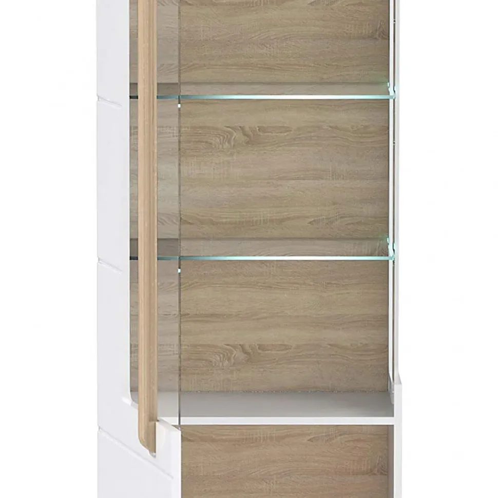 Vitrine 209 cm 1 porte blanc laqué décor bois clair et LED - ALEXIANE
