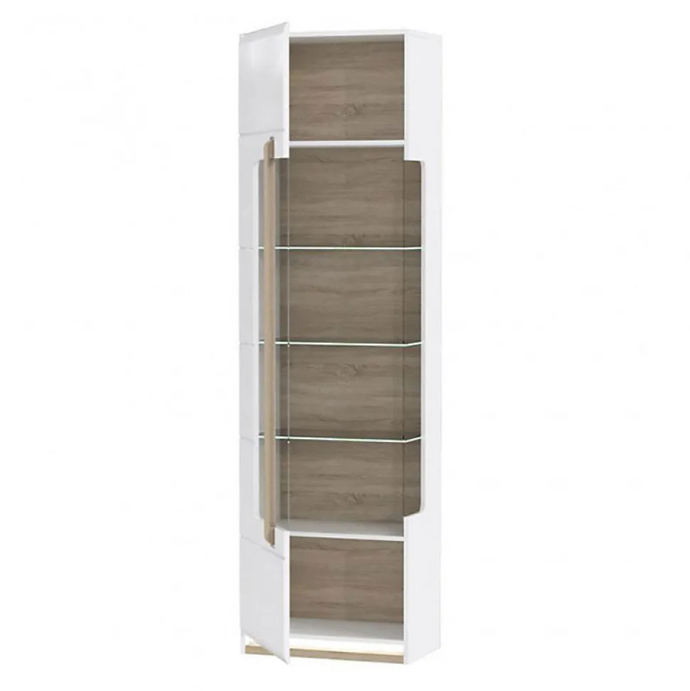 Vitrine 209 cm 1 porte blanc laqué décor bois clair et LED - ALEXIANE