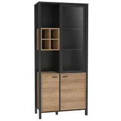 Vitrine 194 cm 3 portes 4 casiers décor bois de chêne et noir - MODE