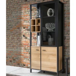 Vitrine 194 cm 3 portes 4 casiers décor bois de chêne et noir - MODE