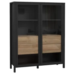 Vitrine 121 cm 2 portes 4 tiroirs décor bois de chêne et noir - MODE