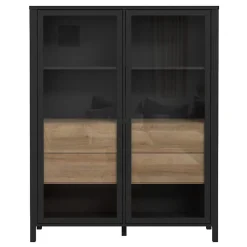 Vitrine 121 cm 2 portes 4 tiroirs décor bois de chêne et noir - MODE