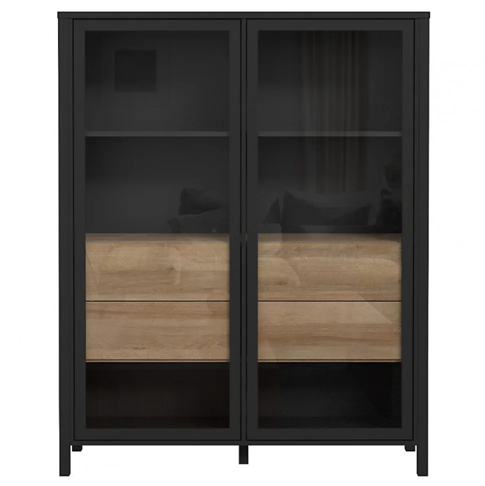 Vitrine 121 cm 2 portes 4 tiroirs décor bois de chêne et noir - MODE