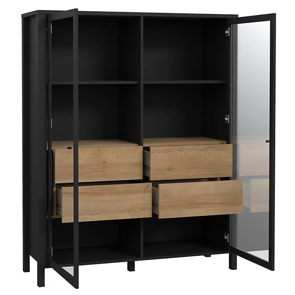 Vitrine 121 cm 2 portes 4 tiroirs décor bois de chêne et noir - MODE