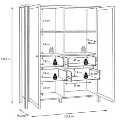 Vitrine 121 cm 2 portes 4 tiroirs décor bois de chêne et noir - MODE