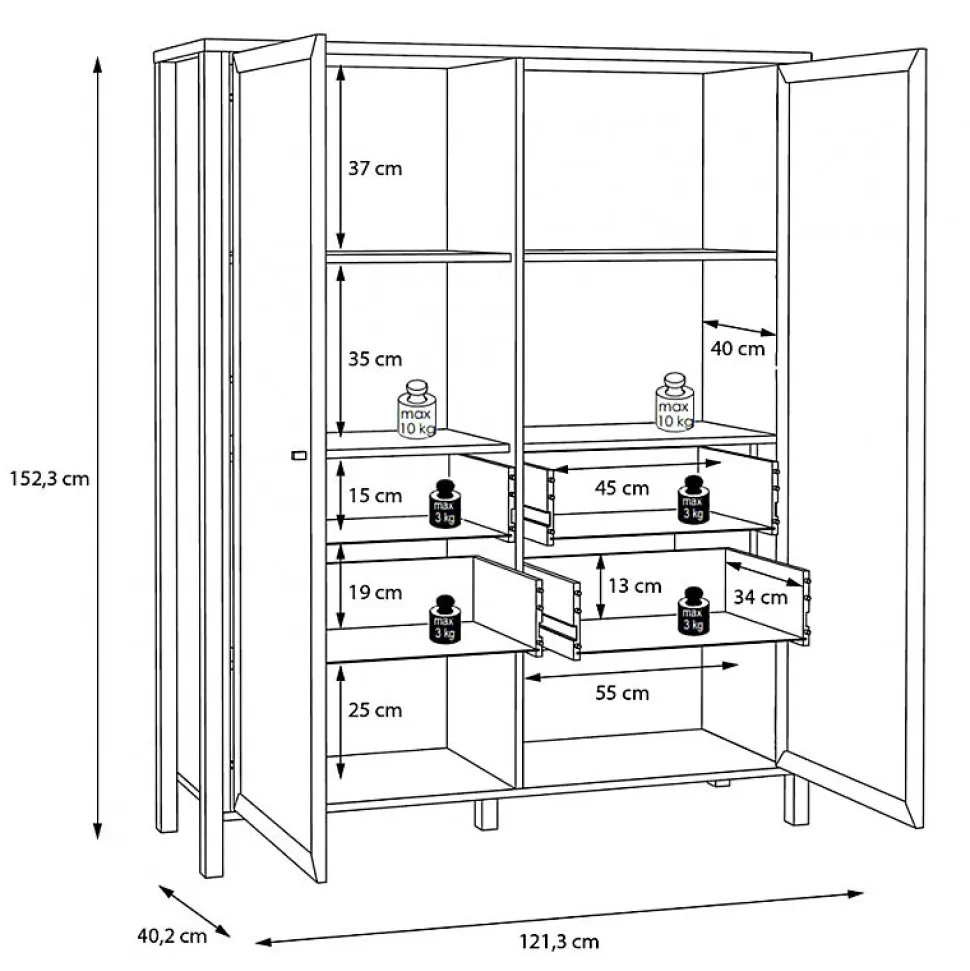 Vitrine 121 cm 2 portes 4 tiroirs décor bois de chêne et noir - MODE