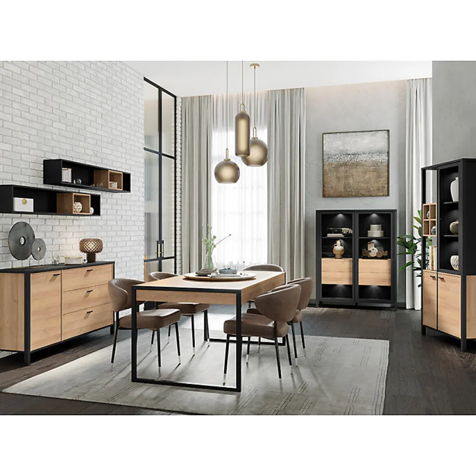 Vitrine 121 cm 2 portes 4 tiroirs décor bois de chêne et noir - MODE