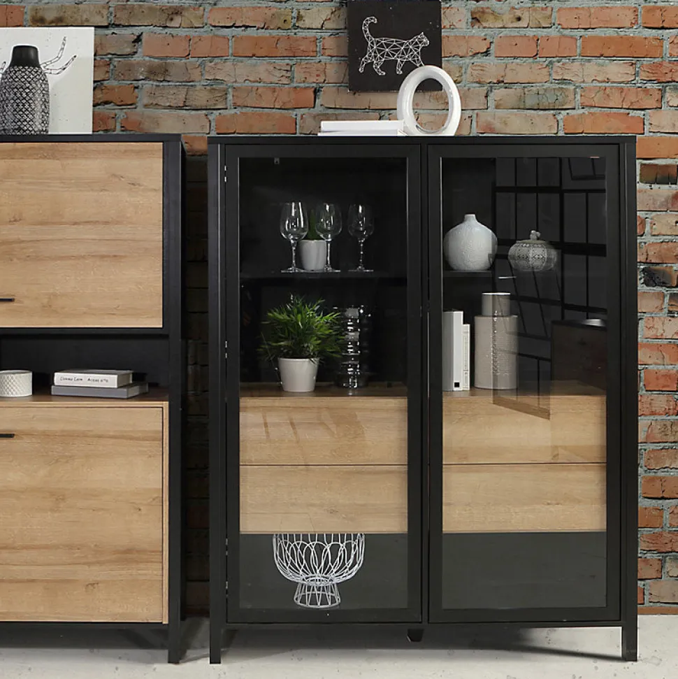Vitrine 121 cm 2 portes 4 tiroirs décor bois de chêne et noir - MODE