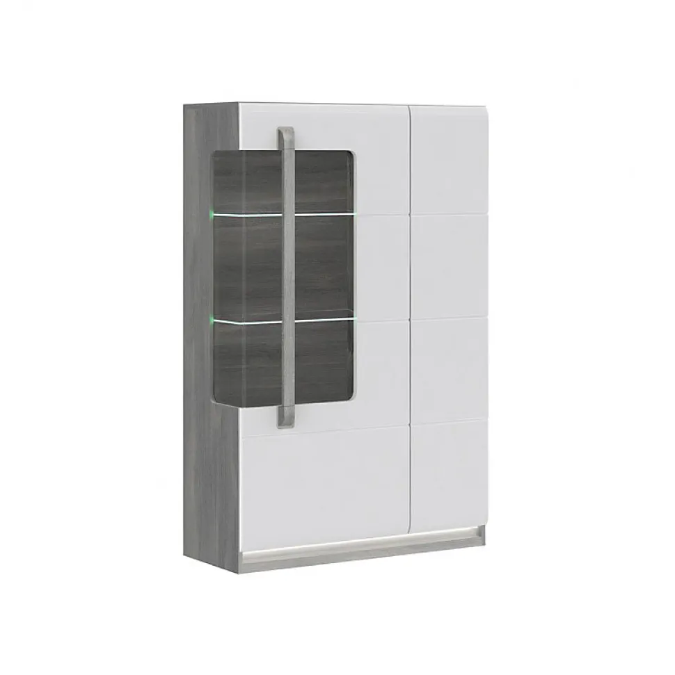 Vitrine 139 cm 2 portes blanc laqué et décor chêne gris - ALEXIANE