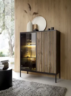 Vitrine 104 cm 2 portes éclairage LED noir/chêne Wotan TOSENA