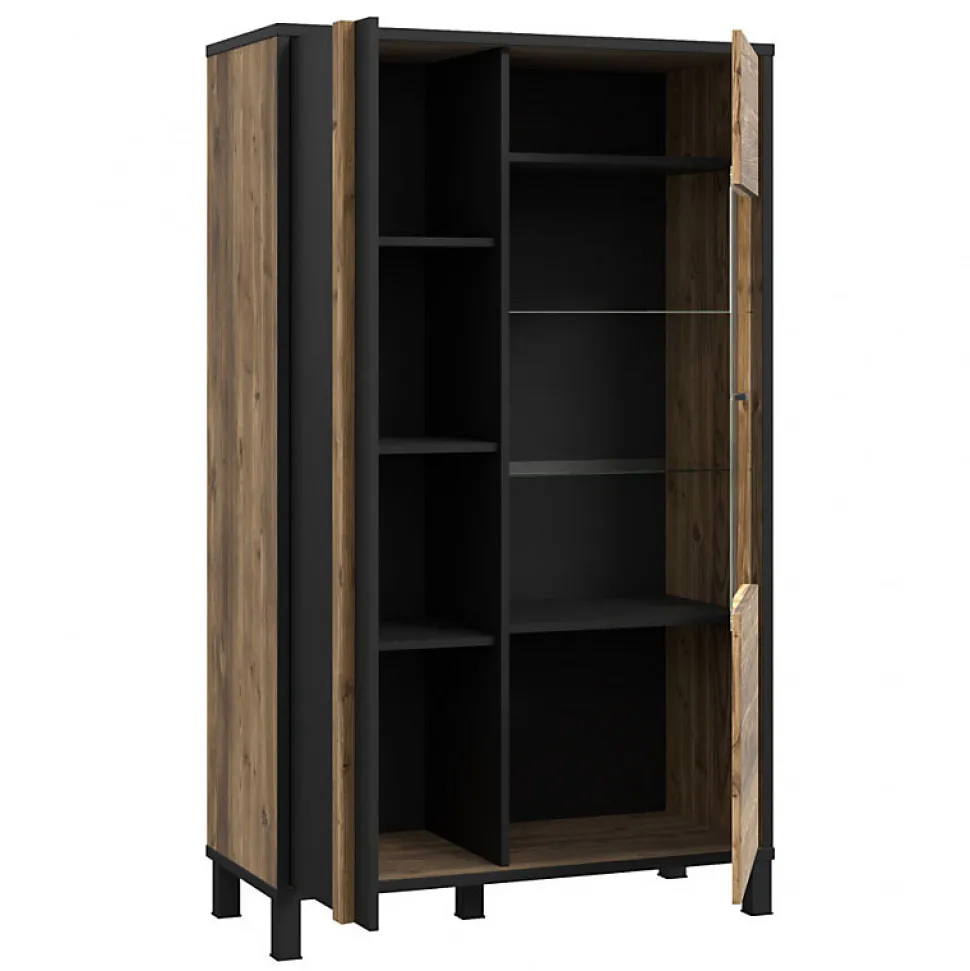 Vitrine 159 cm 2 portes décor bois et noir et pieds noir - CELIA