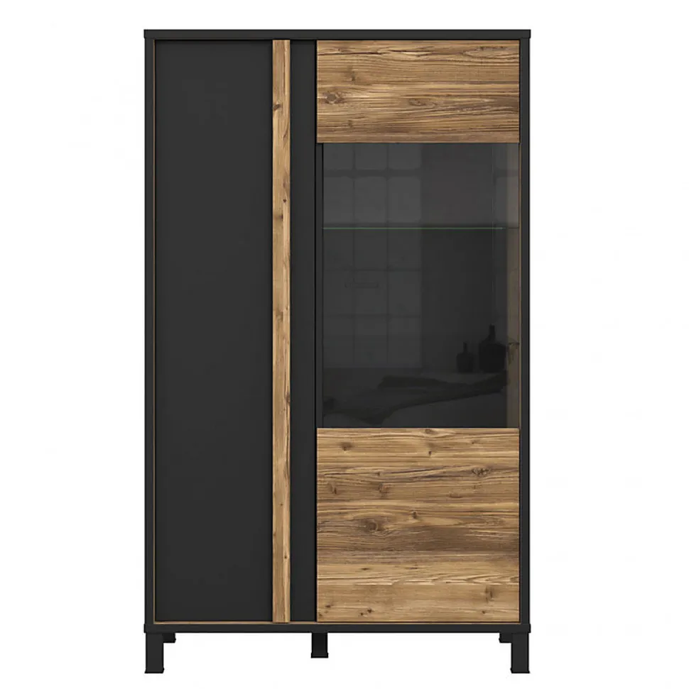Vitrine 159 cm 2 portes décor bois et noir et pieds noir - CELIA
