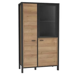 Vitrine 152 cm 3 portes décor bois chêne et noir avec poignées - MODE