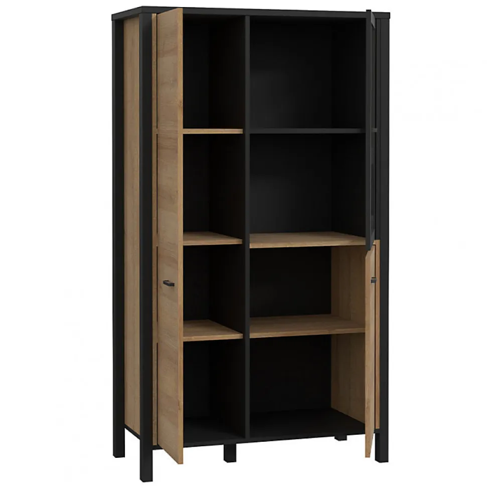 Vitrine 152 cm 3 portes décor bois chêne et noir avec poignées - MODE