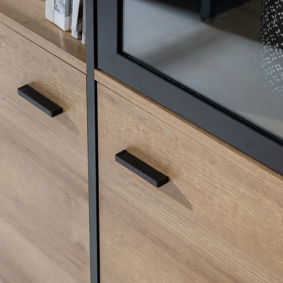 Vitrine 152 cm 3 portes décor bois chêne et noir avec poignées - MODE
