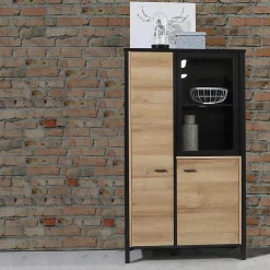 Vitrine 152 cm 3 portes décor bois chêne et noir avec poignées - MODE