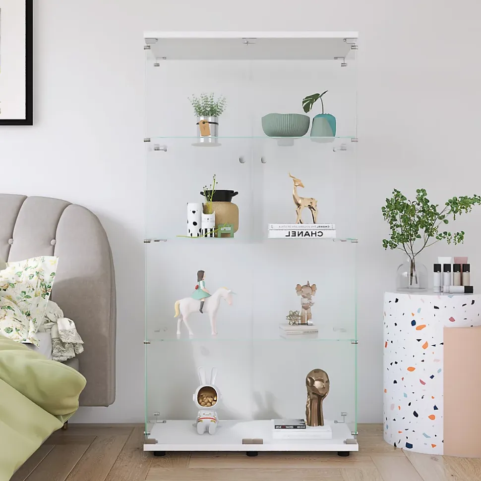 Vitrine à deux portes et quatre étagères, bibliothèque sur pied pour salon, chambre ou bureau, blanche